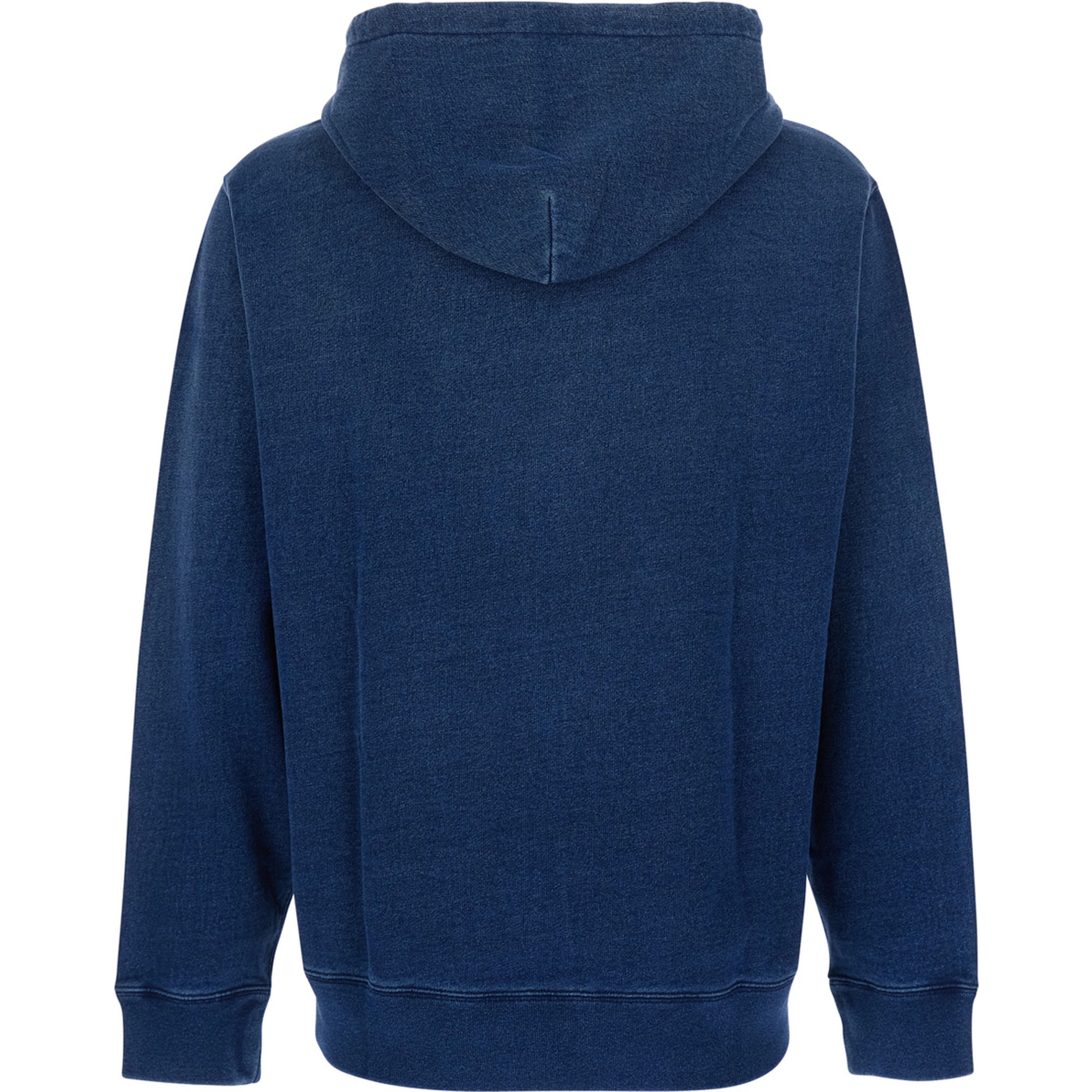 Blue Hoodie with drawstring hood and logo patch on the front in denim effect cotton for men