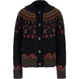 Sweet Winter Black Cardigan with shawl collar and geometric motif in wool for women