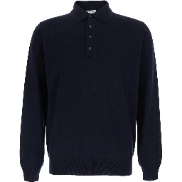 blue Polo Shirt with four-button closure in merino wool for men