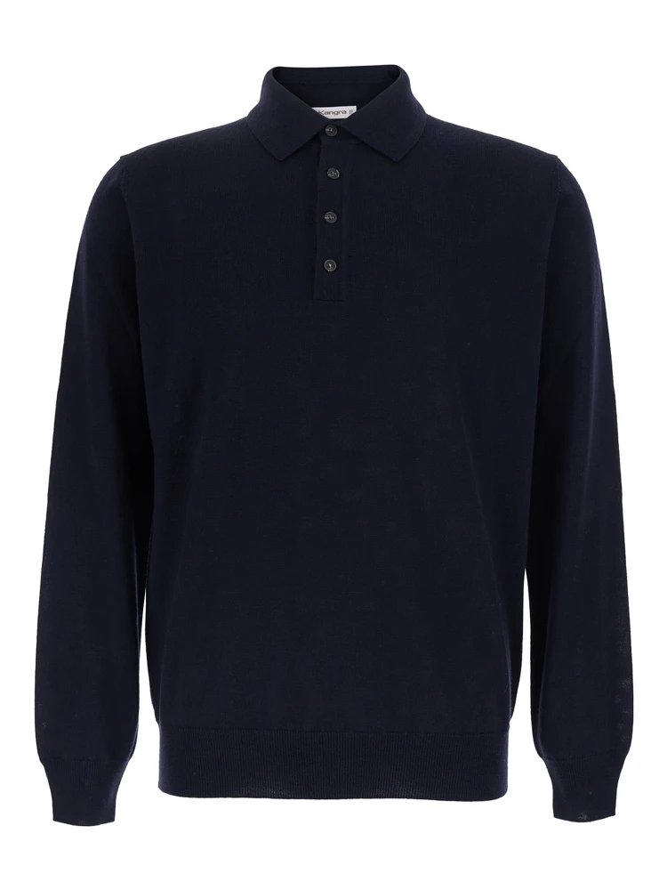 blue Polo Shirt with four-button closure in merino wool for men