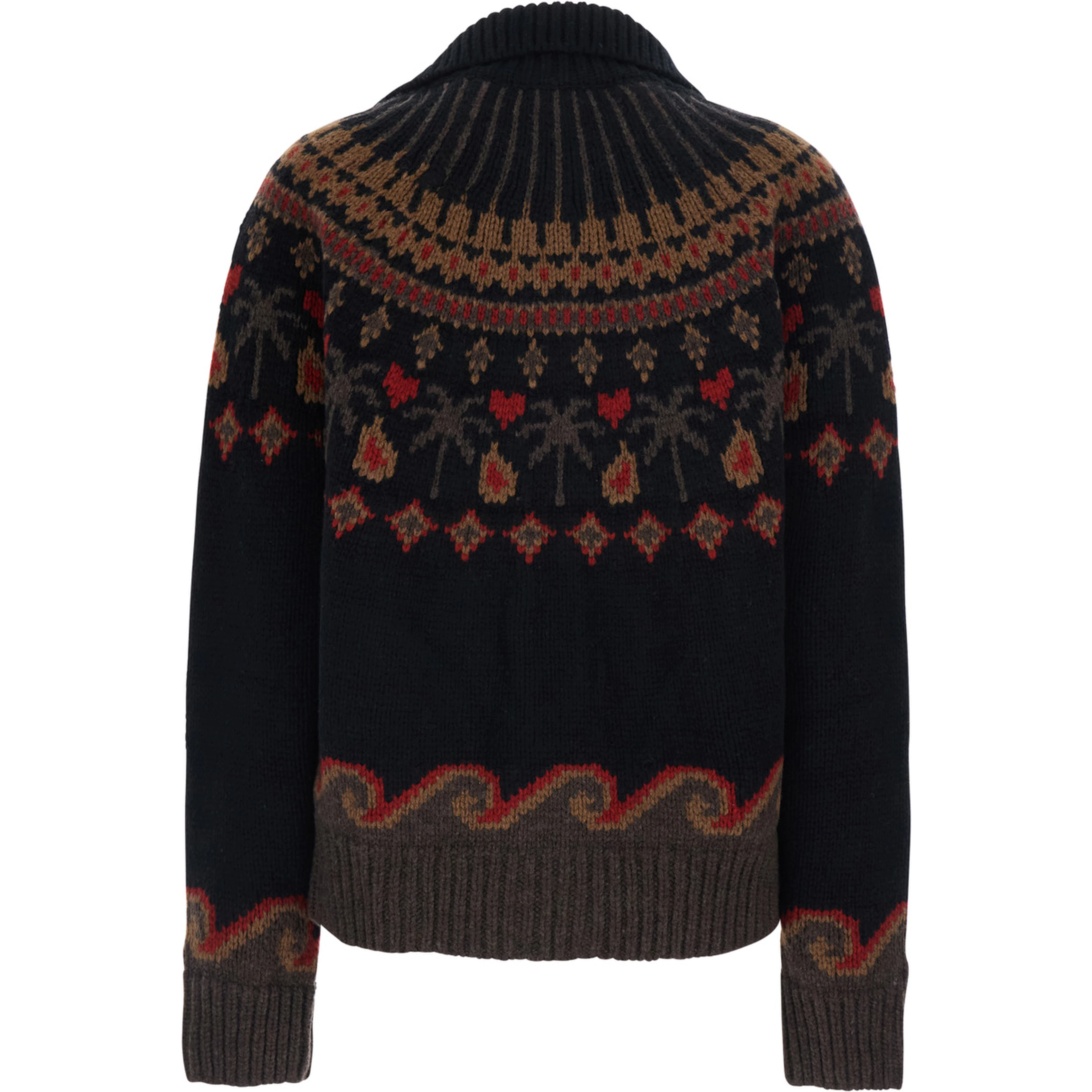 Sweet Winter Black Cardigan with shawl collar and geometric motif in wool for women