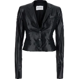 ZEFIRA black Jacket with Notched revers and crop design in eco-leather for women