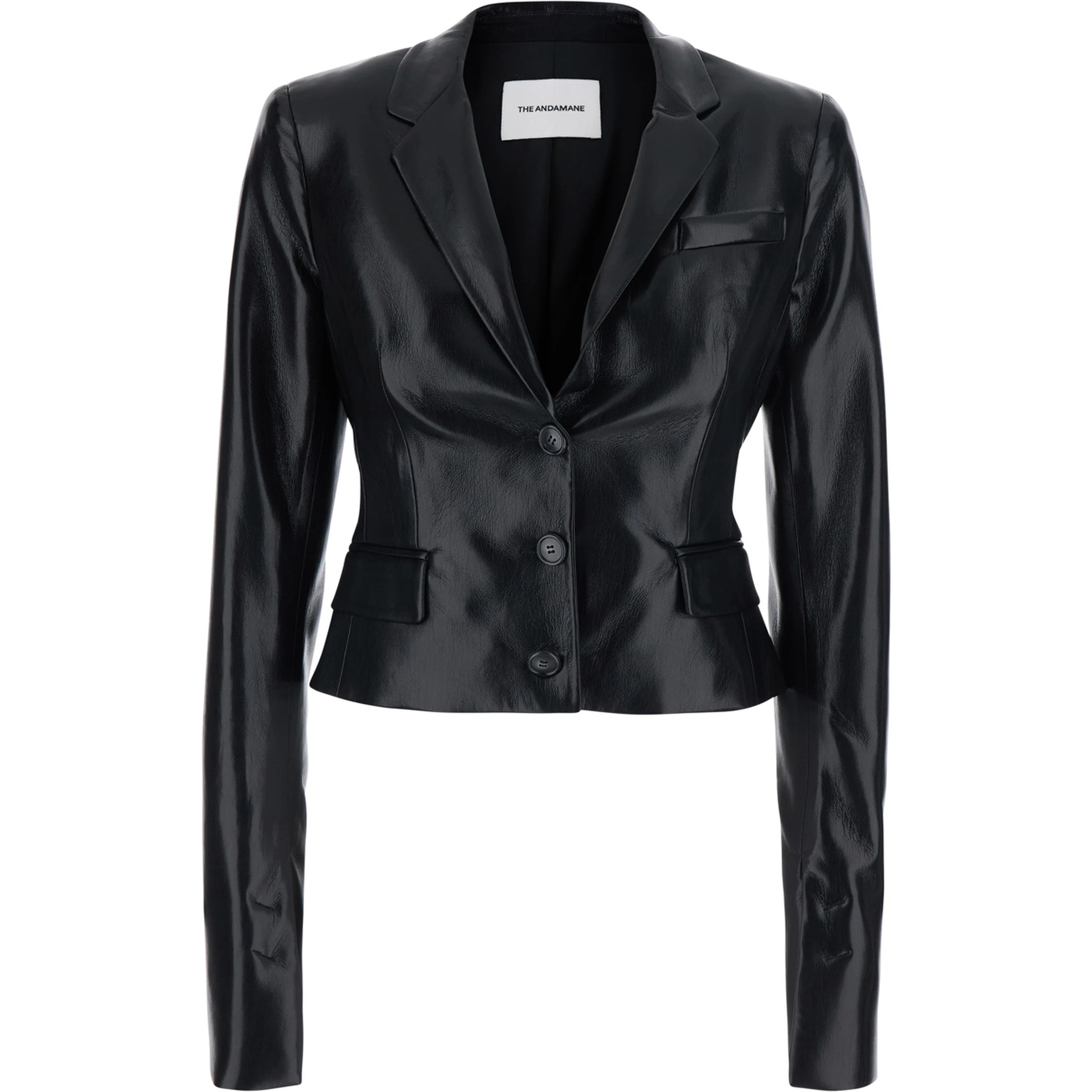 ZEFIRA black Jacket with Notched revers and crop design in eco-leather for women