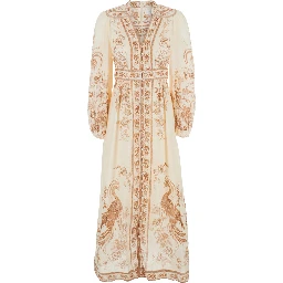 Indra Multicolor Long Dress with V-Neck and All-Over Motif in Linen for Women