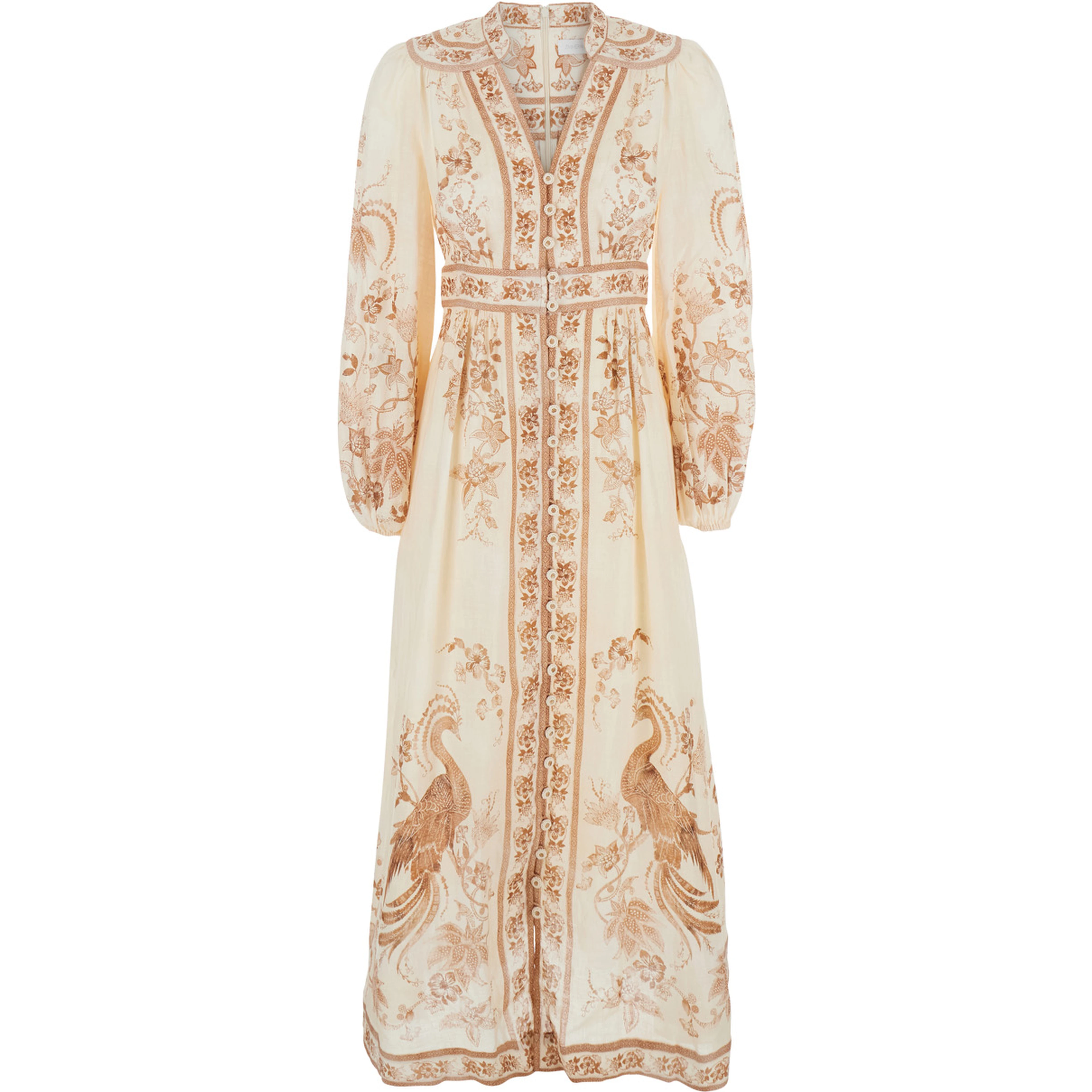 Indra Multicolor Long Dress with V-Neck and All-Over Motif in Linen for Women