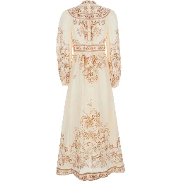 Indra Multicolor Long Dress with V-Neck and All-Over Motif in Linen for Women