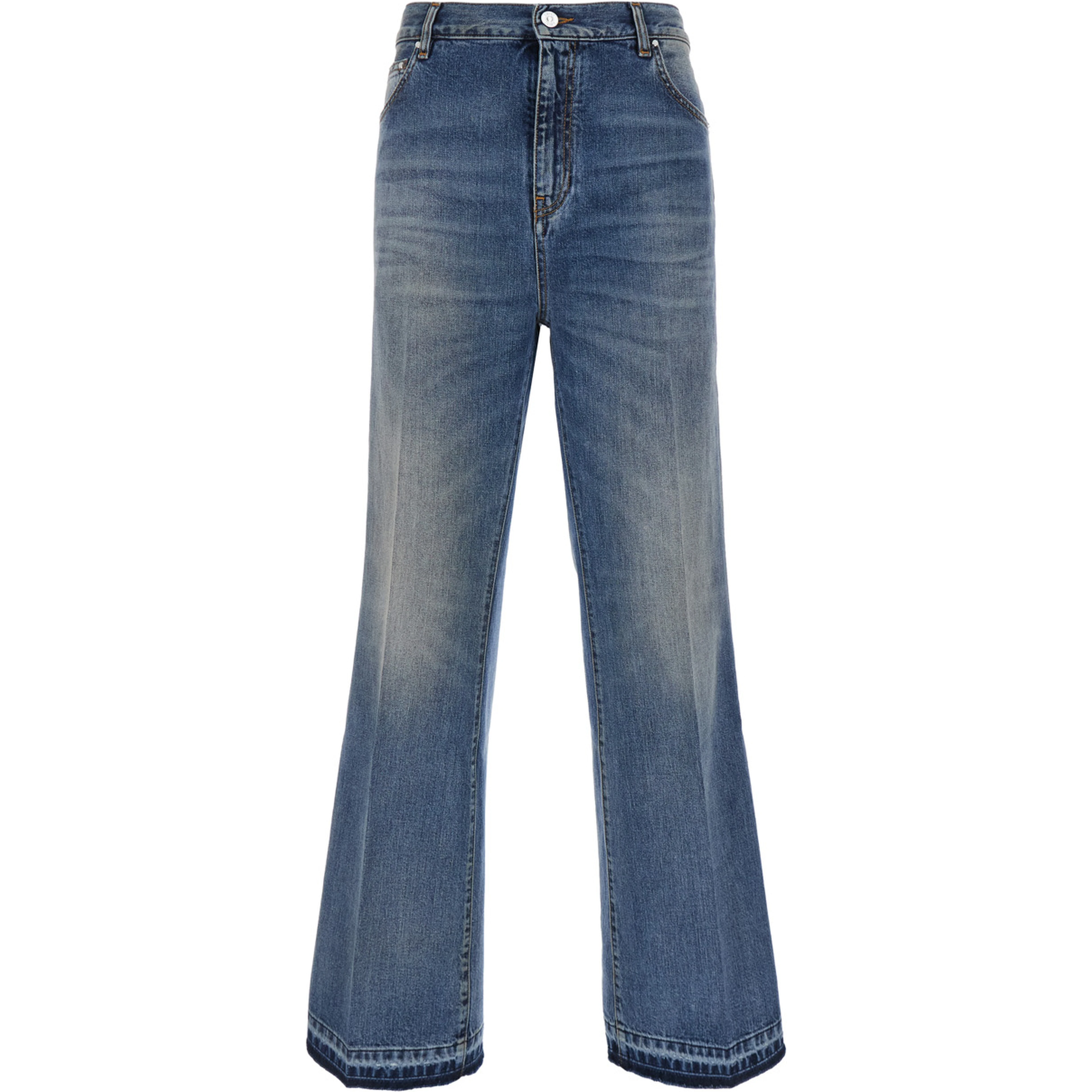 blue flare jeans with five-pocket design and Faded effect in denim for men