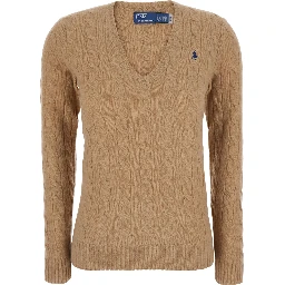 Kimberly Beige Sweater with V-Neck and Cable Knit in Wool and Cashmere for Women