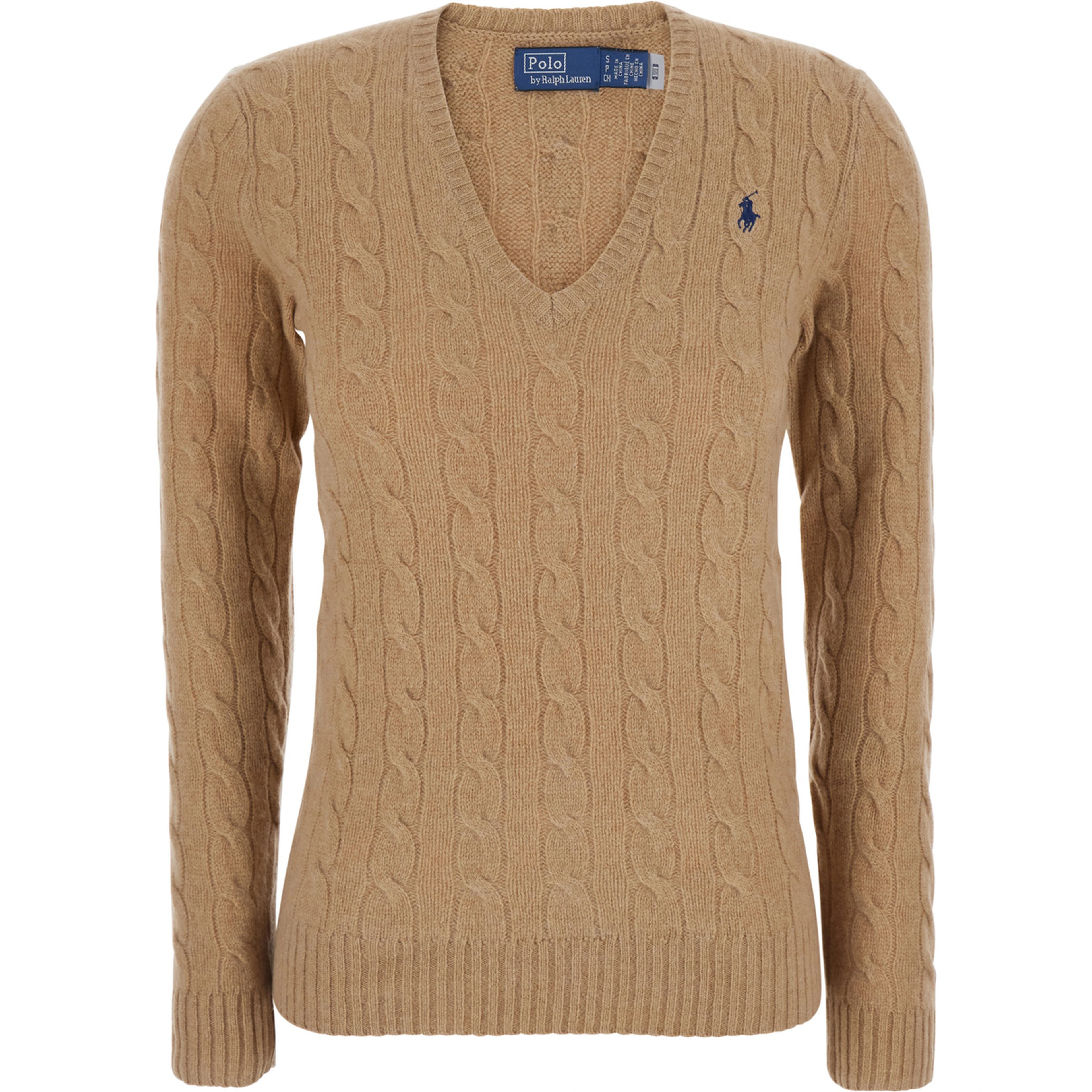 Kimberly Beige Sweater with V-Neck and Cable Knit in Wool and Cashmere for Women