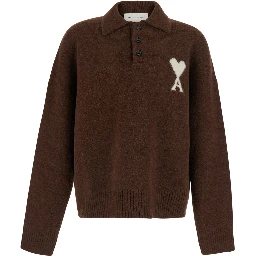 Brown Sweater with polo collar and ADC embroidery on the front in wool for men