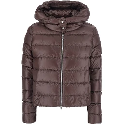 Brown Short Down Jacket with Hood and Metal Plate on the Back in Tech Fabric Woman