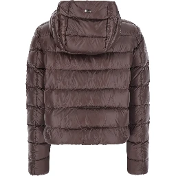 Brown Short Down Jacket with Hood and Metal Plate on the Back in Tech Fabric Woman