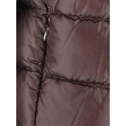 Brown Short Down Jacket with Hood and Metal Plate on the Back in Tech Fabric Woman