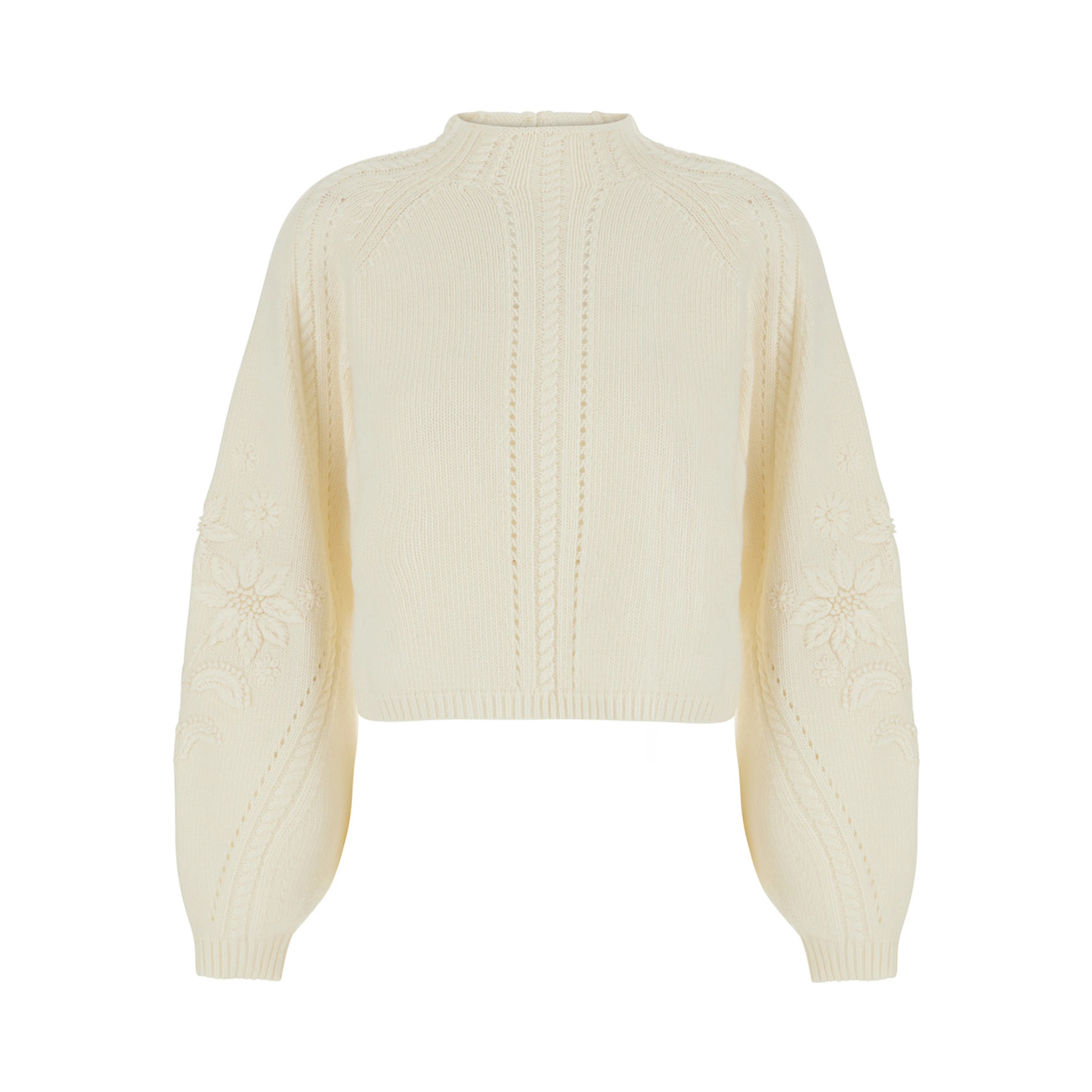 White Short Sweater with All-Over Embroidery in Wool Blend for Women