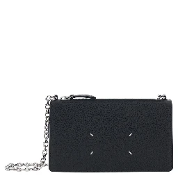 Mini Bag with Chain and Logo Embroidery in Black Leather for Women