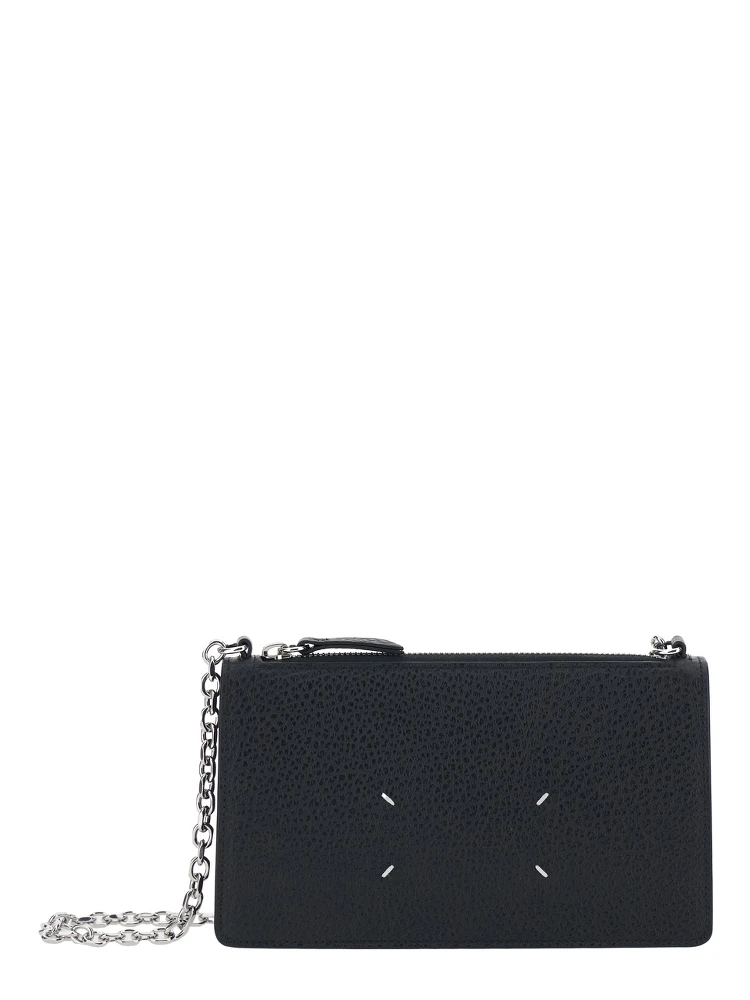 Mini Bag with Chain and Logo Embroidery in Black Leather for Women