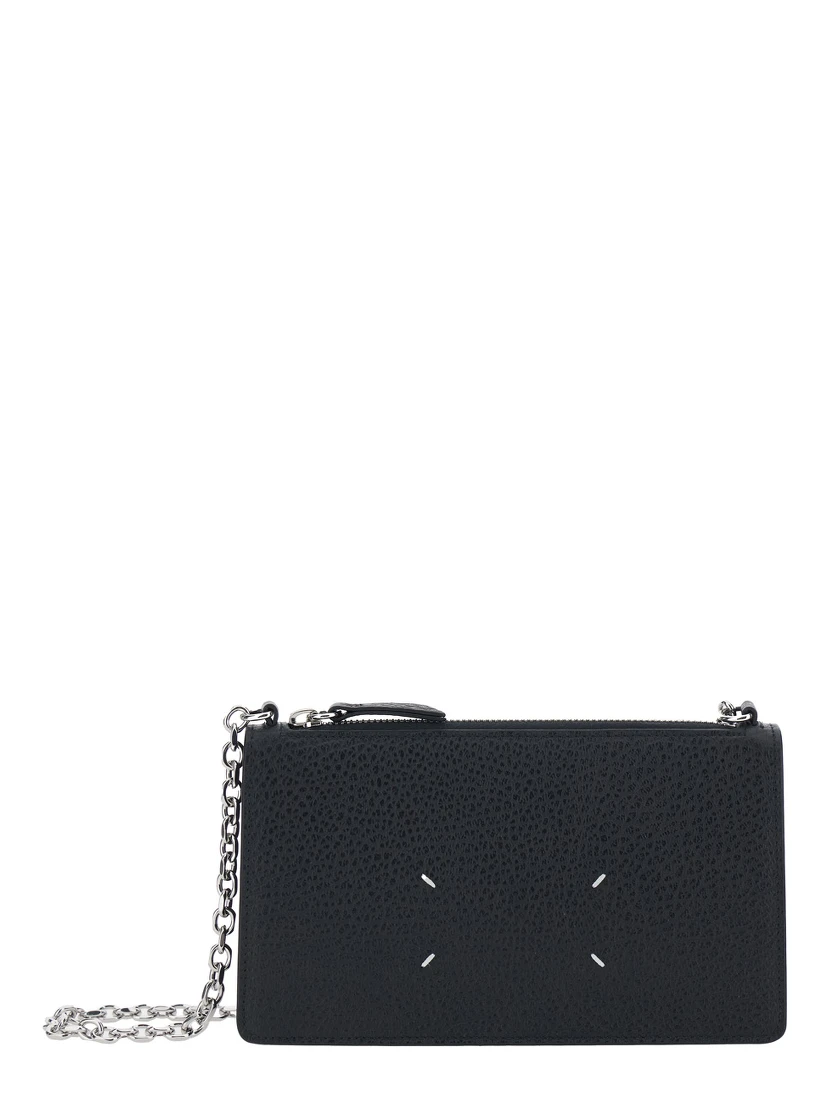 Mini Bag with Chain and Logo Embroidery in Black Leather for Women