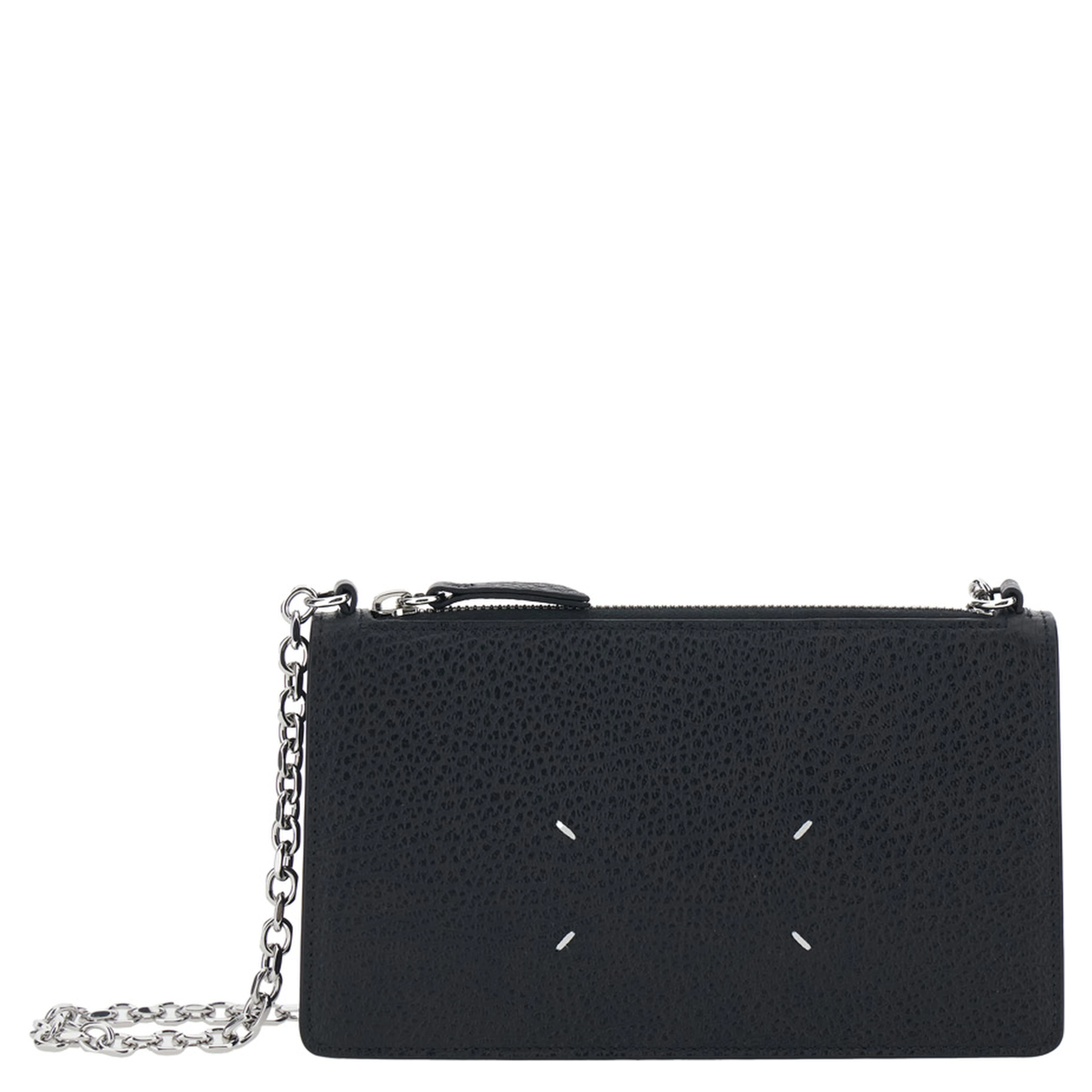 Mini Bag with Chain and Logo Embroidery in Black Leather for Women