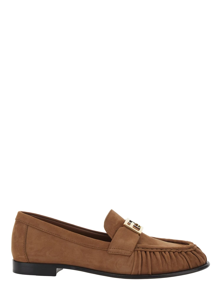 Loafers with FF Plate on the Front in Brown Leather for Women