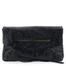 Le City Black Small Clutch with Zip Pocket on the Front in Leather for Women