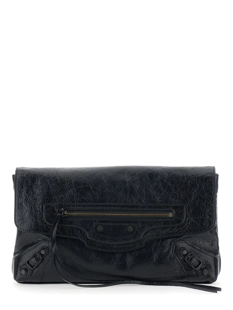 Le City Black Small Clutch with Zip Pocket on the Front in Leather for Women
