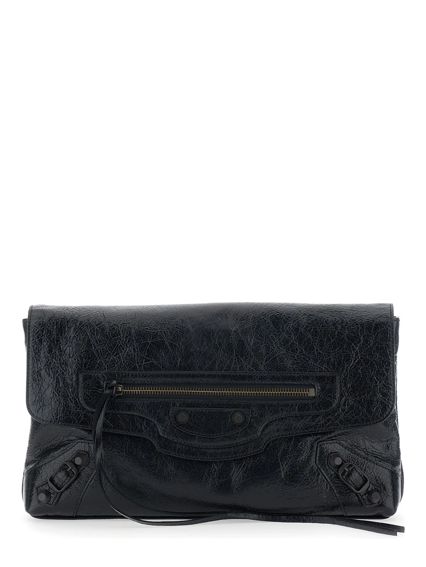 Le City Black Small Clutch with Zip Pocket on the Front in Leather for Women