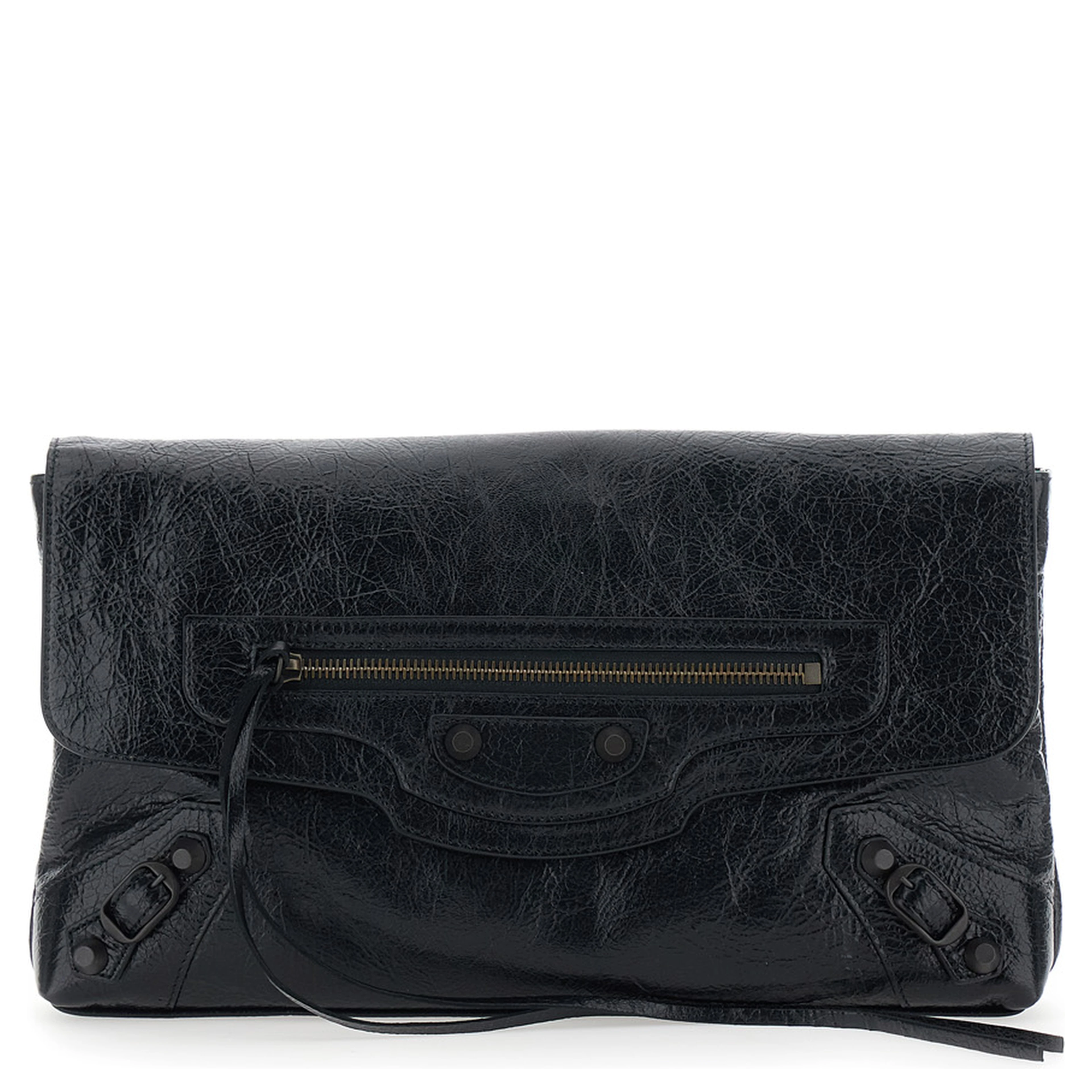 Le City Black Small Clutch with Zip Pocket on the Front in Leather for Women