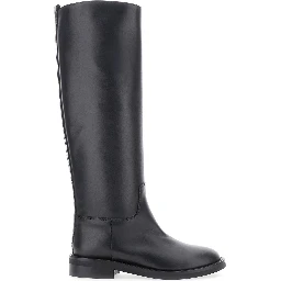Black Leather Round Toe Slip-On Boots for Women