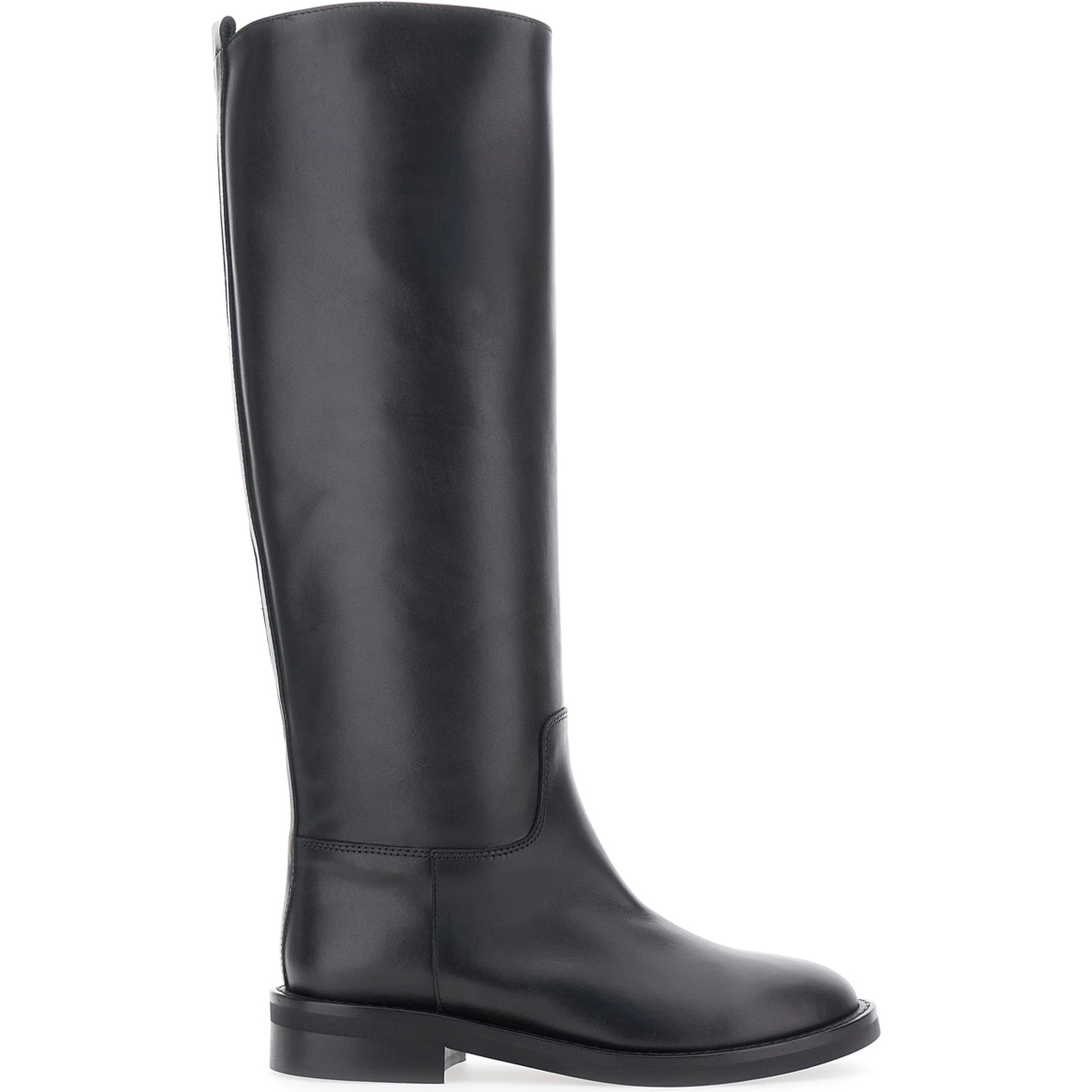 Black Leather Round Toe Slip-On Boots for Women