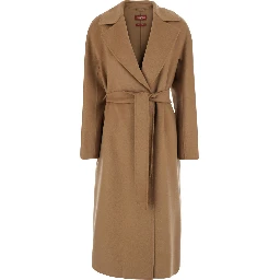 Beige Coat with Wide Notched Revers and Front Belt Closure in Wool and Cashmere Blend for Women