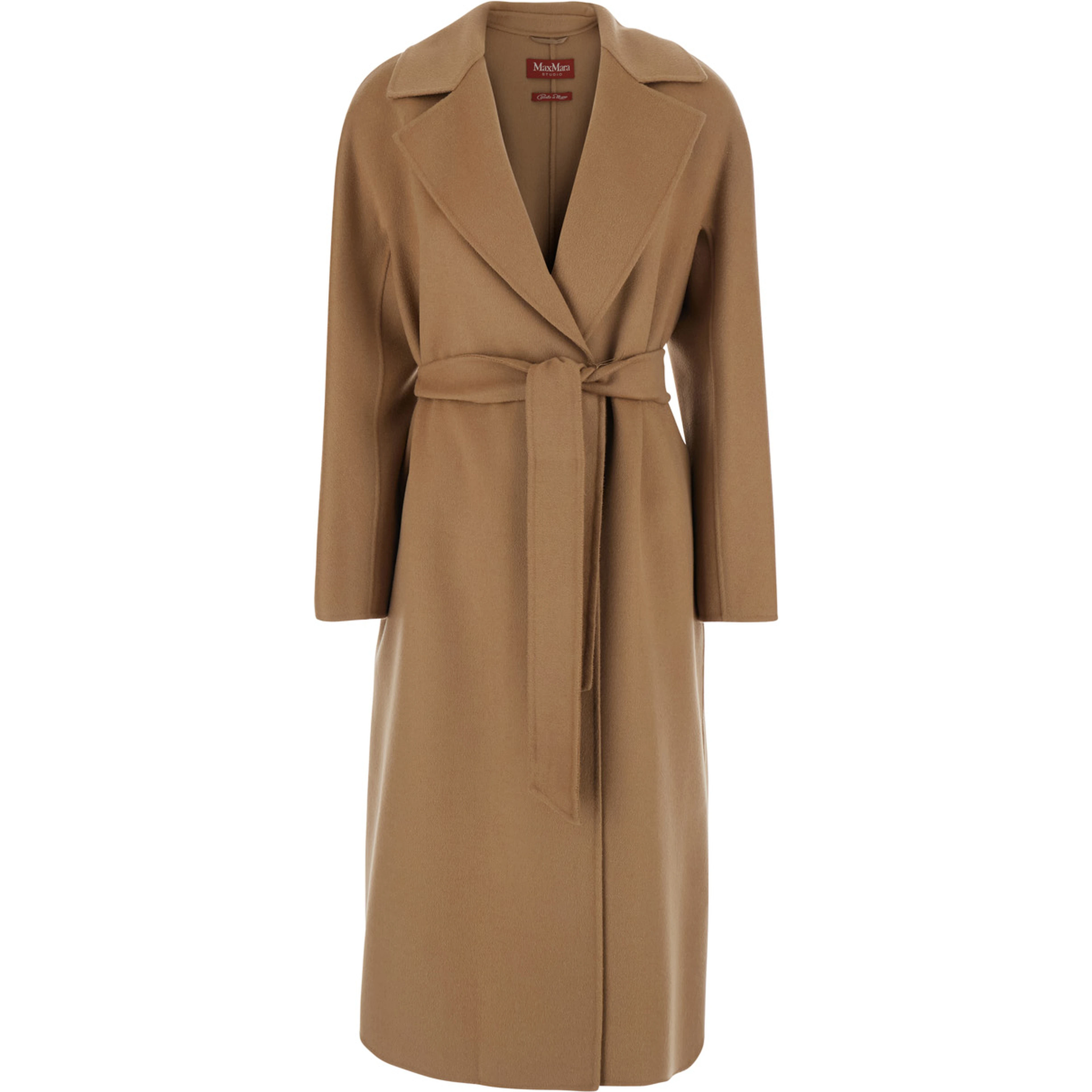 Beige Coat with Wide Notched Revers and Front Belt Closure in Wool and Cashmere Blend for Women