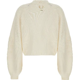 White Short Sweater with All-Over Embroidery in Wool Blend for Women