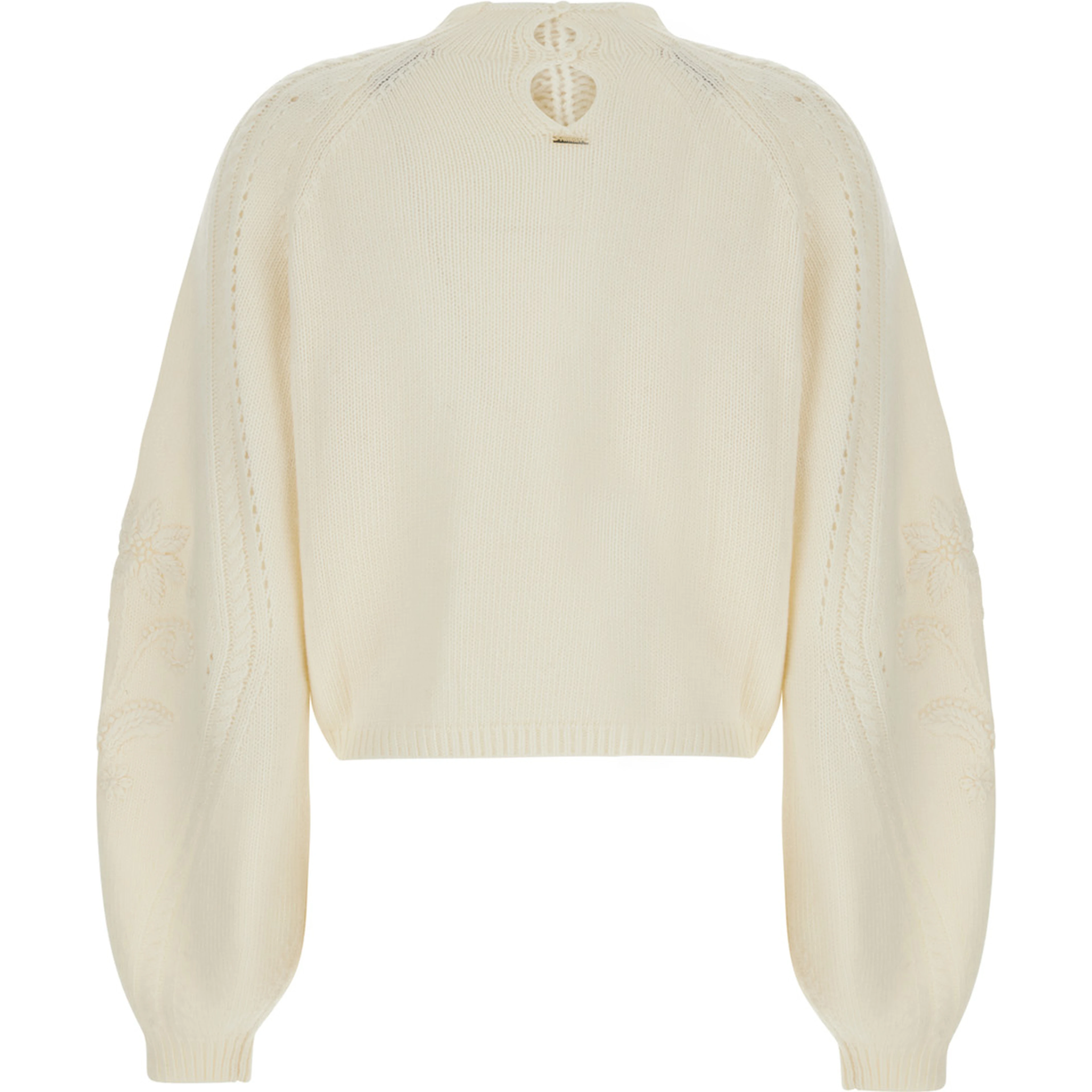 White Short Sweater with All-Over Embroidery in Wool Blend for Women