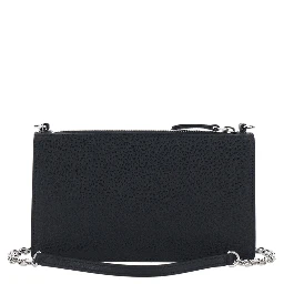 Mini Bag with Chain and Logo Embroidery in Black Leather for Women