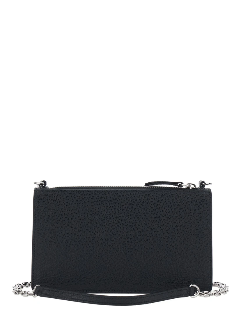 Mini Bag with Chain and Logo Embroidery in Black Leather for Women
