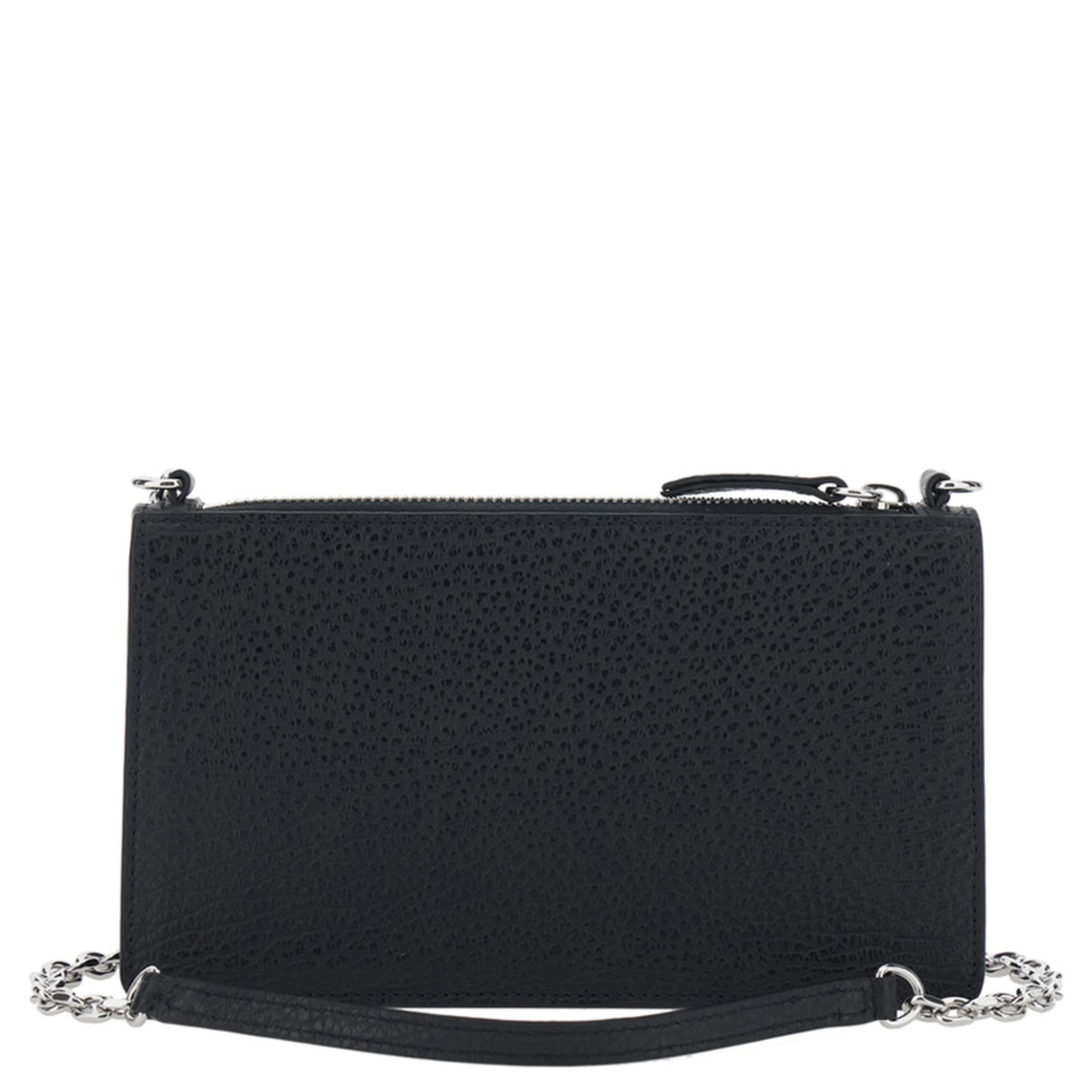Mini Bag with Chain and Logo Embroidery in Black Leather for Women