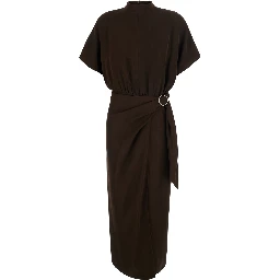 Brown High-Neck Dress with Front Buckle Belt in Fabric for Women
