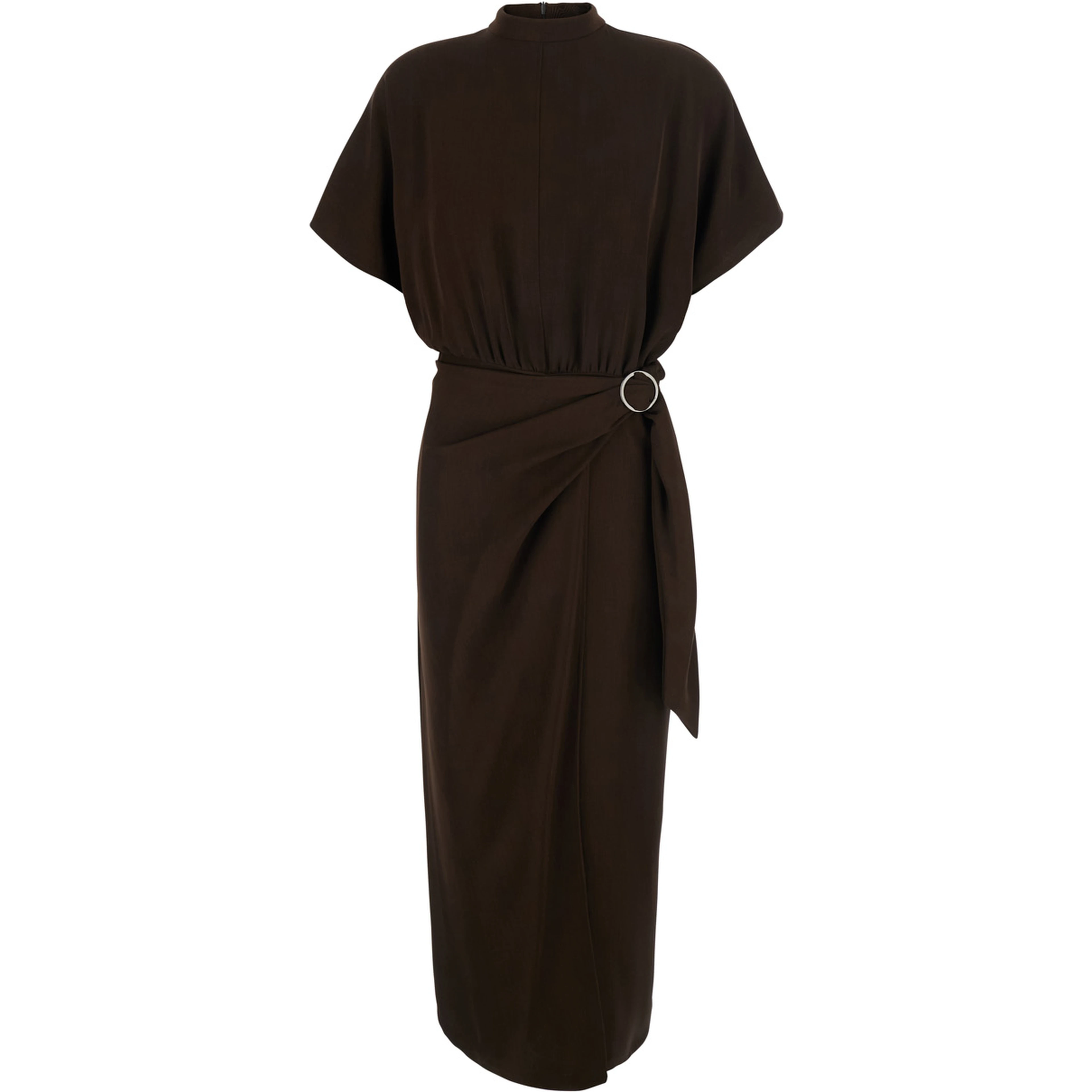 Brown High-Neck Dress with Front Buckle Belt in Fabric for Women