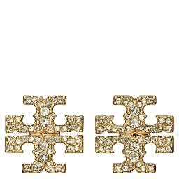 Earrings with Double T Motif and Crystal Decoration in Gold-Plated Brass for Women