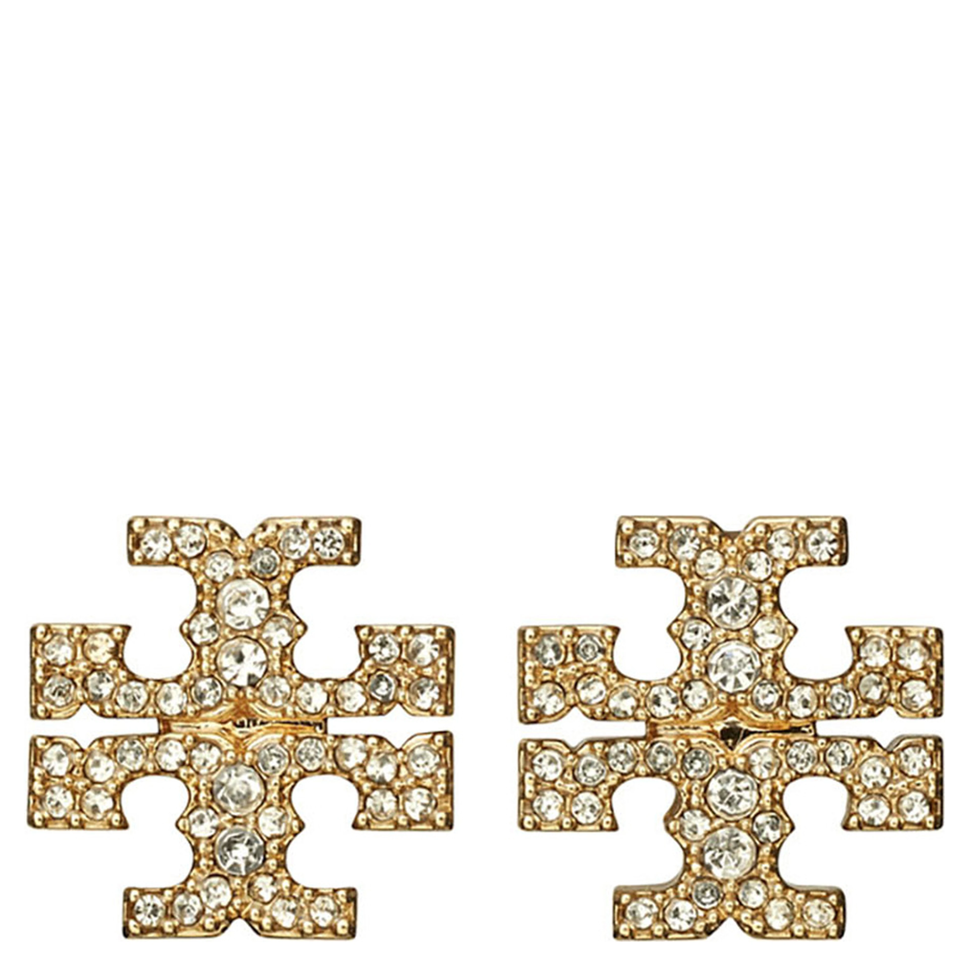 Earrings with Double T Motif and Crystal Decoration in Gold-Plated Brass for Women