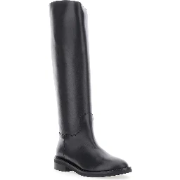 Black Leather Round Toe Slip-On Boots for Women