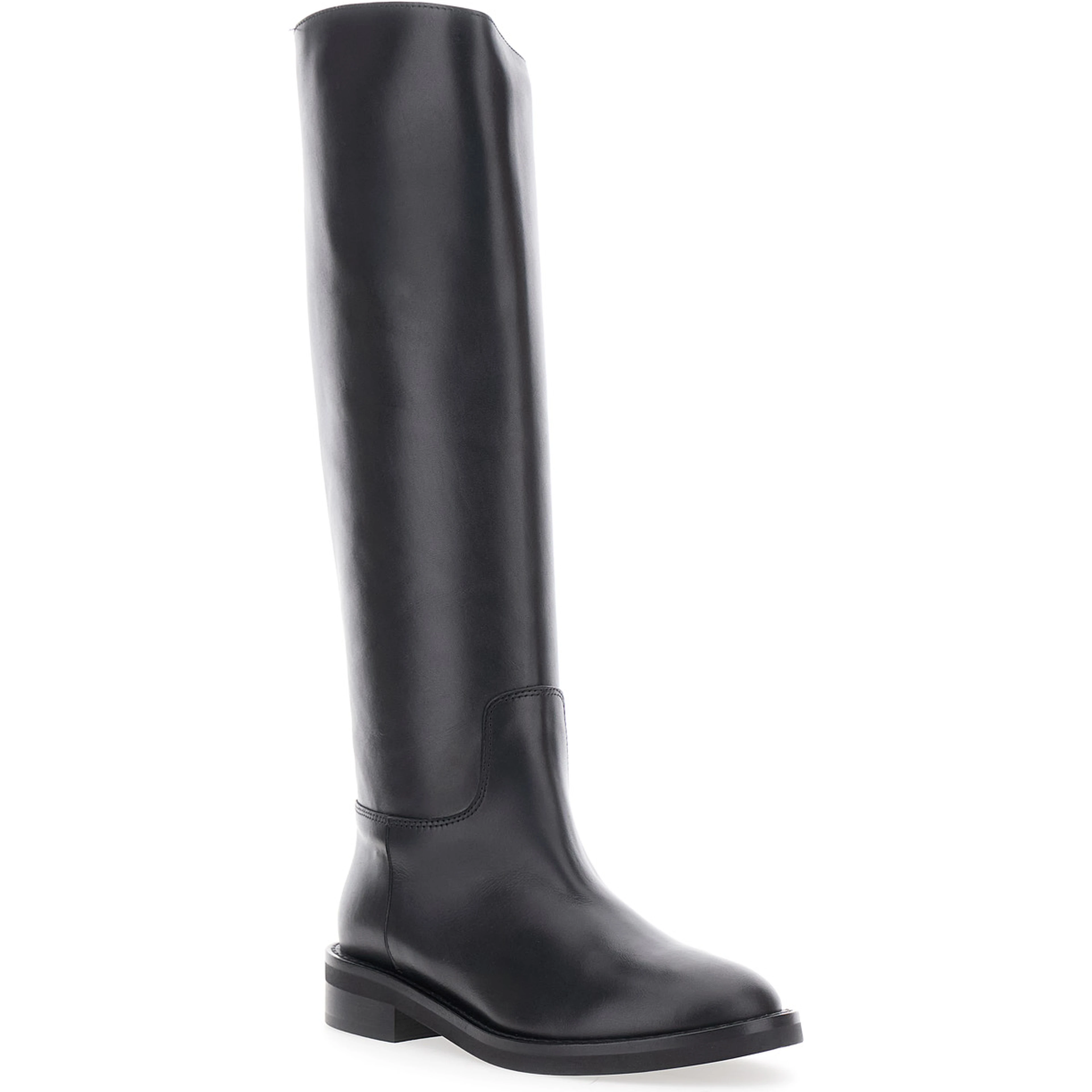 Black Leather Round Toe Slip-On Boots for Women