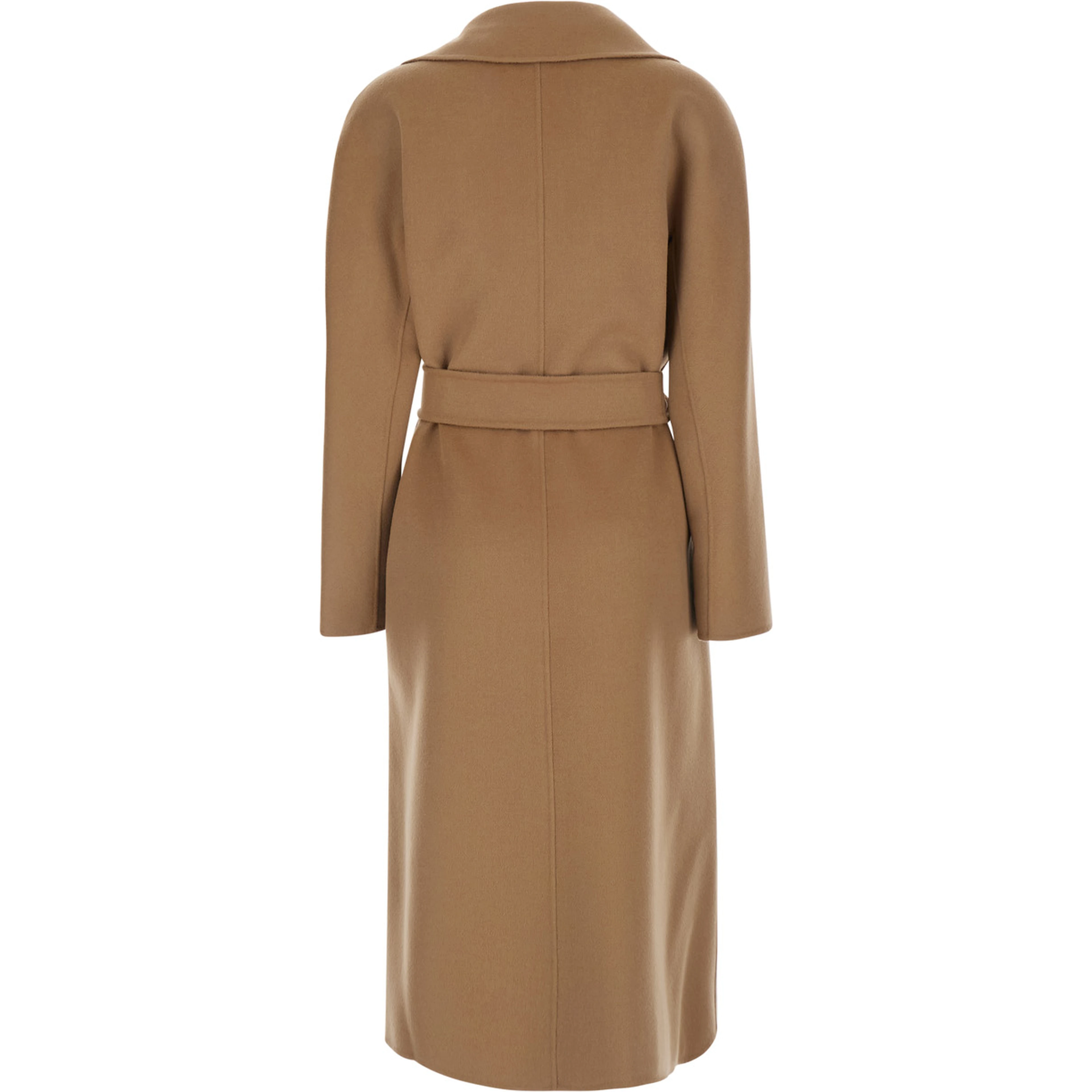 Beige Coat with Wide Notched Revers and Front Belt Closure in Wool and Cashmere Blend for Women