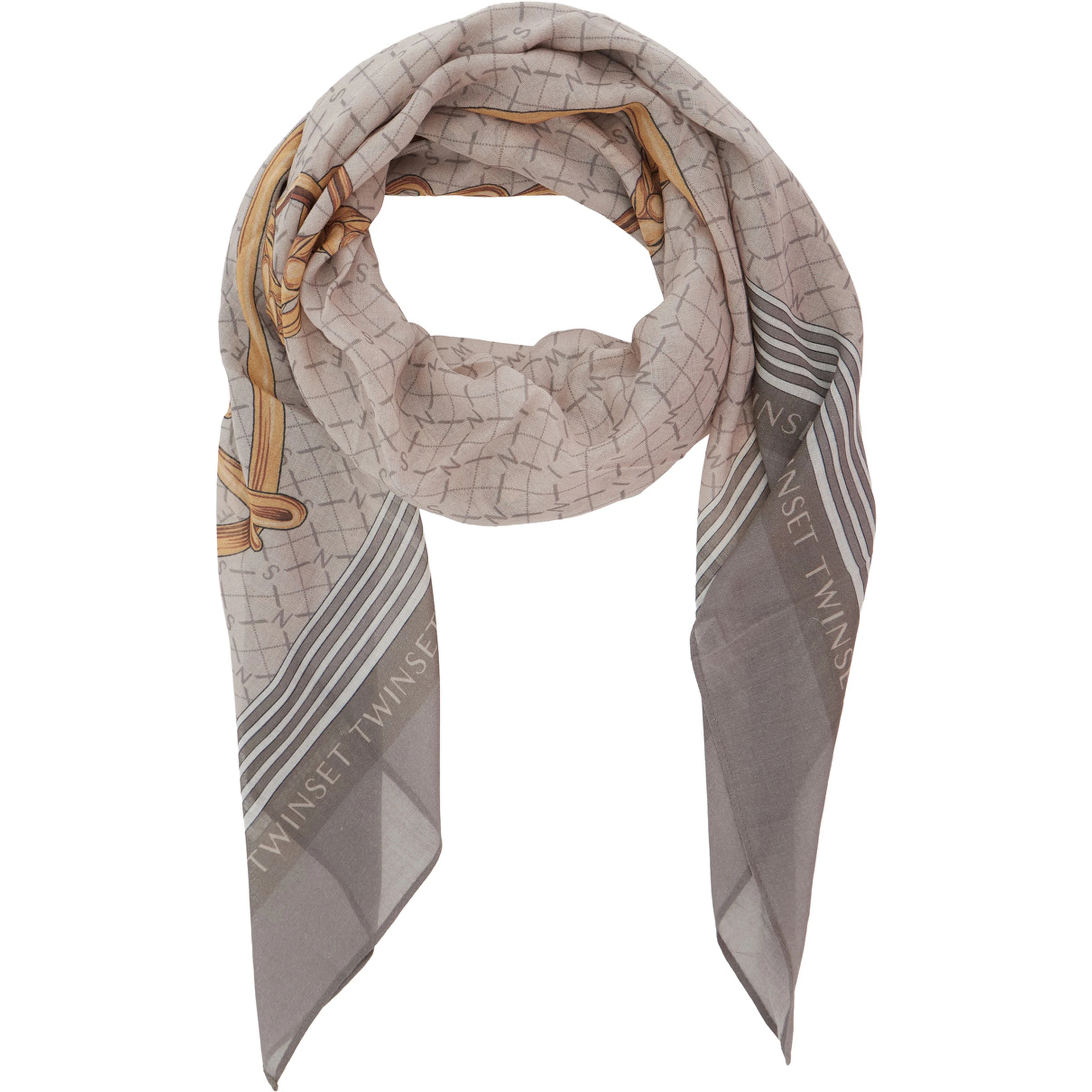 Beige scarf with all-over print in fabric and wool for women