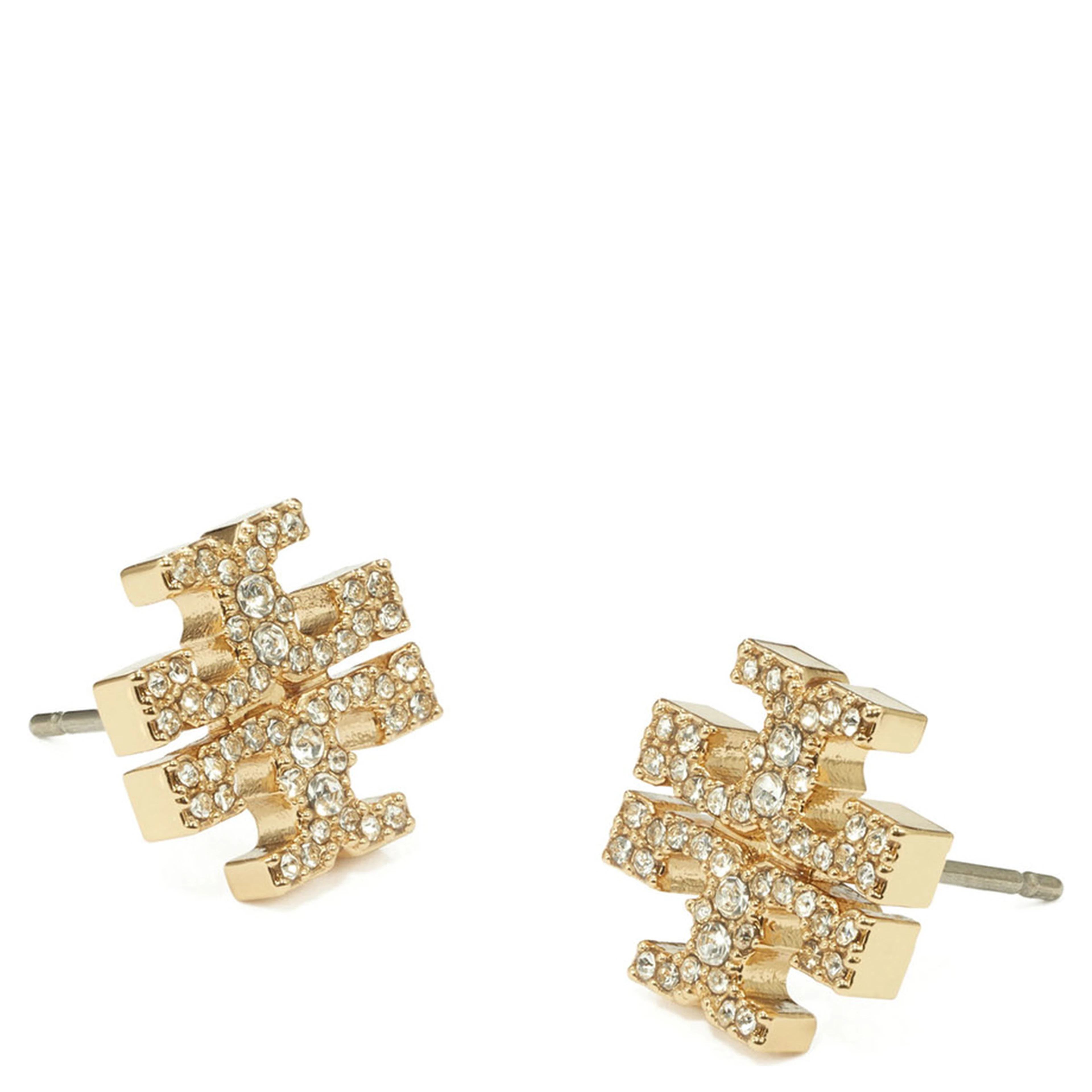 Earrings with Double T Motif and Crystal Decoration in Gold-Plated Brass for Women