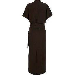 Brown High-Neck Dress with Front Buckle Belt in Fabric for Women