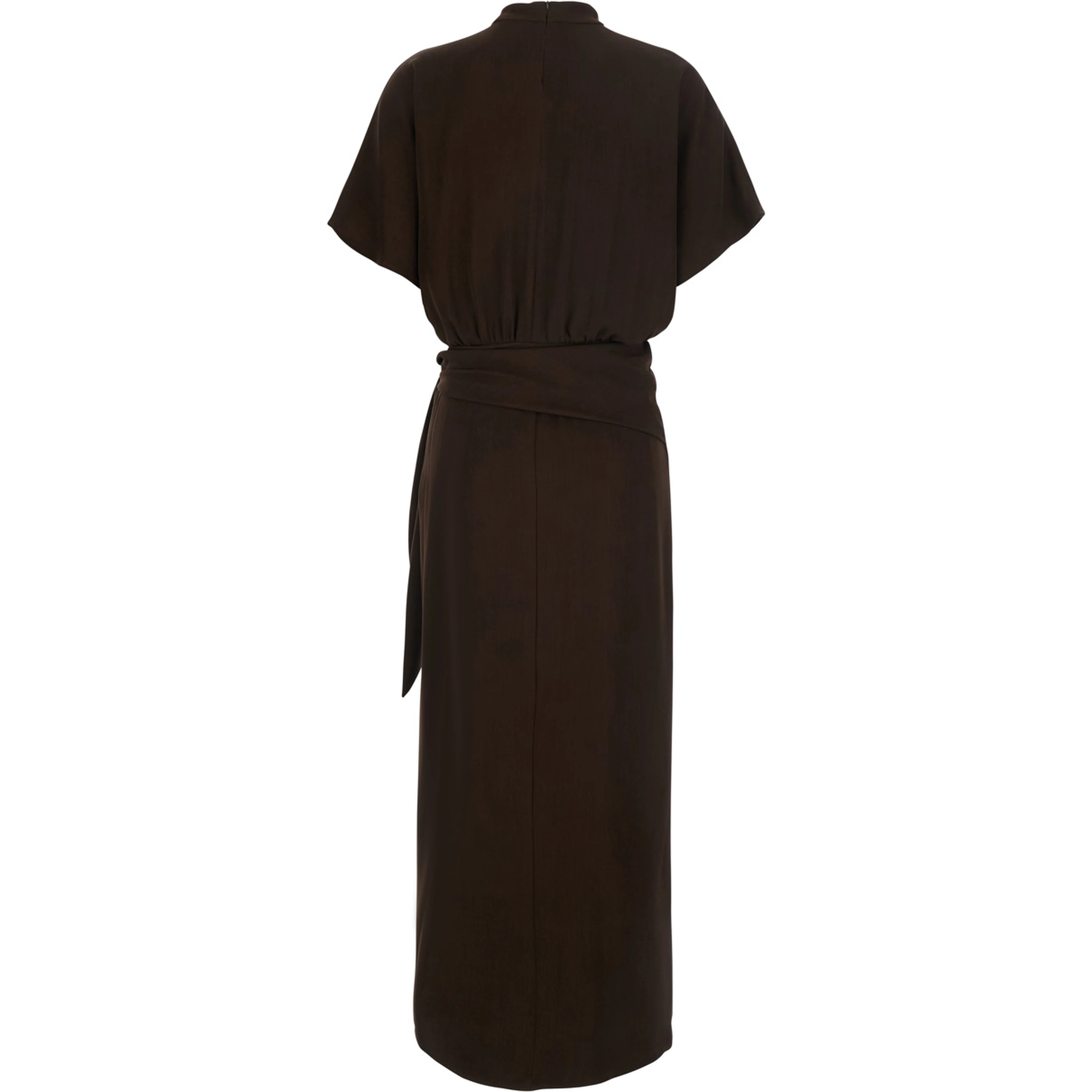 Brown High-Neck Dress with Front Buckle Belt in Fabric for Women