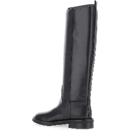 Black Leather Round Toe Slip-On Boots for Women
