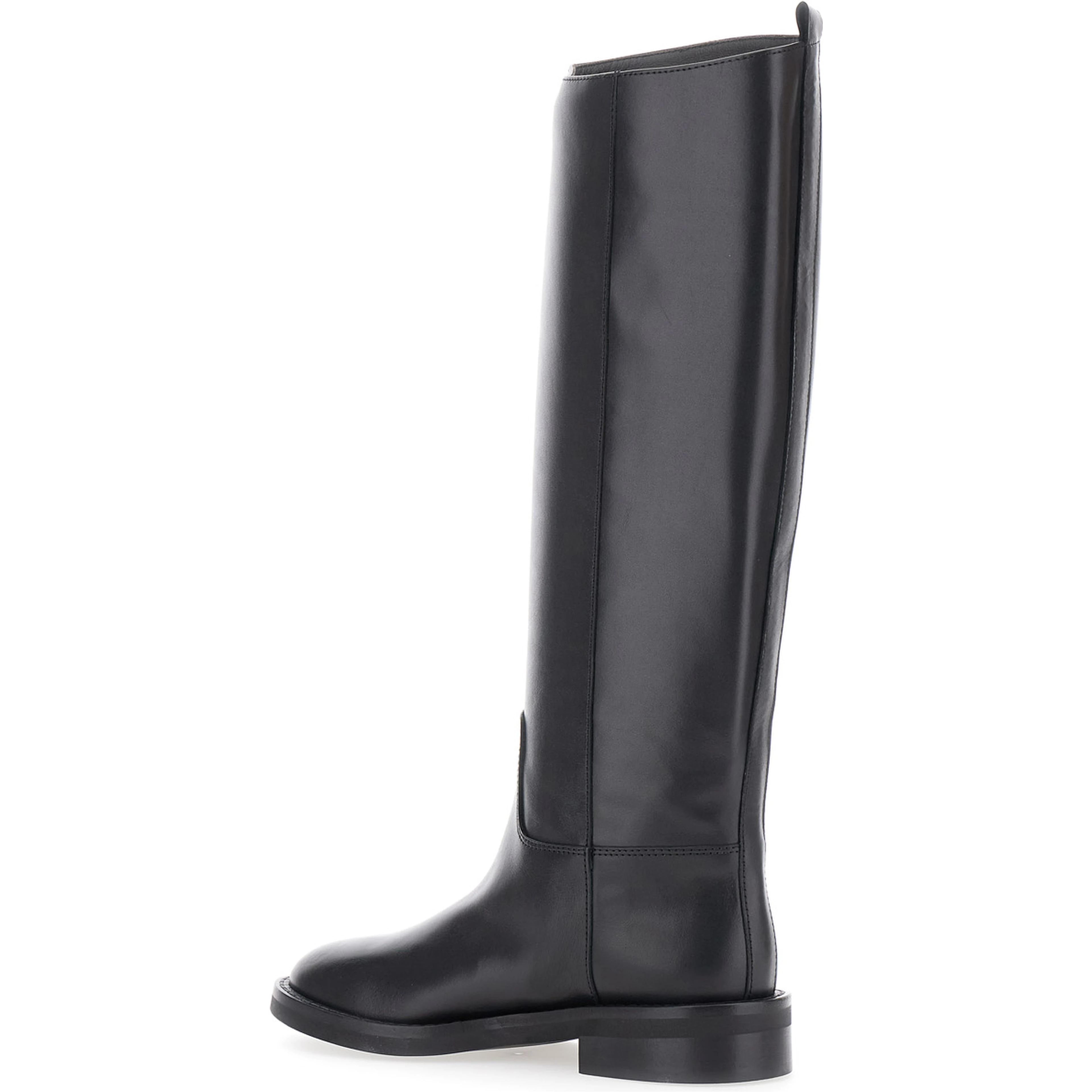 Black Leather Round Toe Slip-On Boots for Women