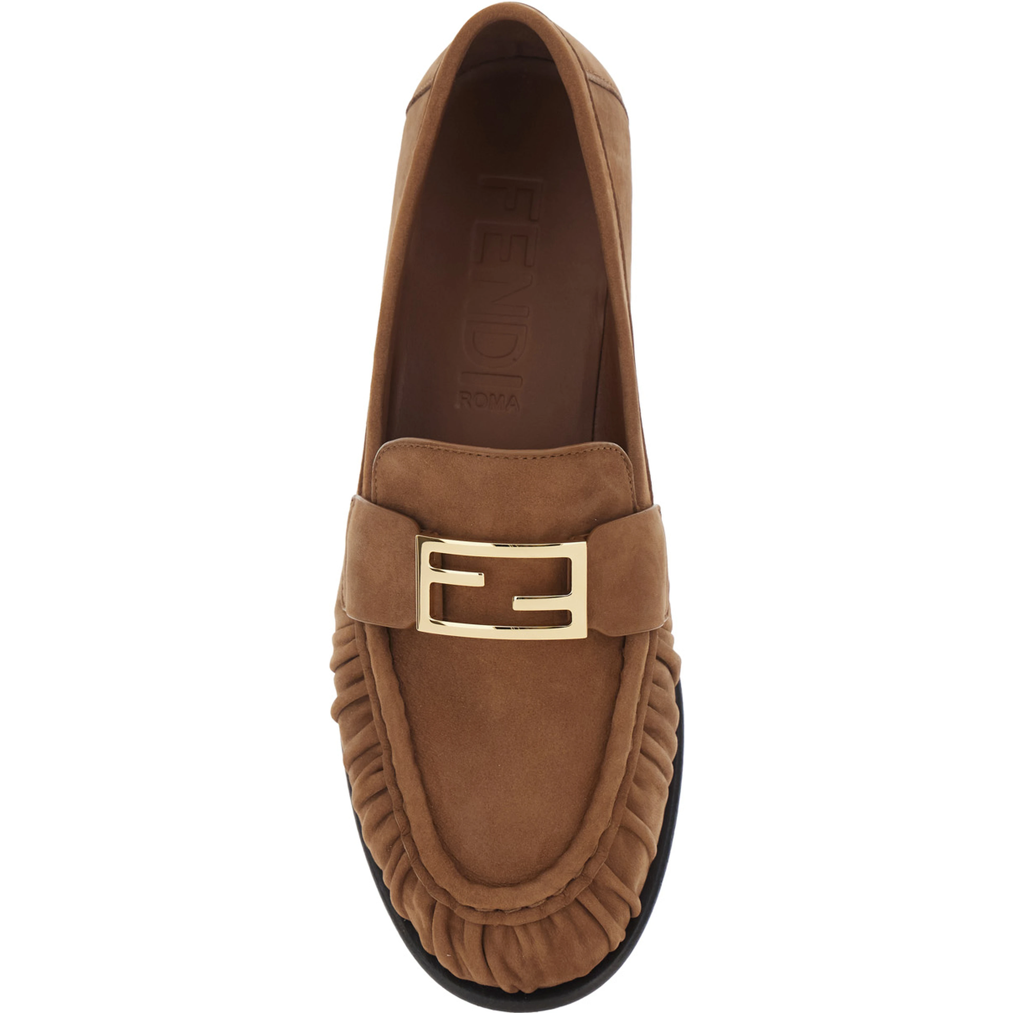 Loafers with FF Plate on the Front in Brown Leather for Women